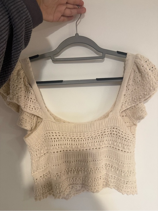 Tops - Crochet Square-Neck Knit Crop Top - Cream